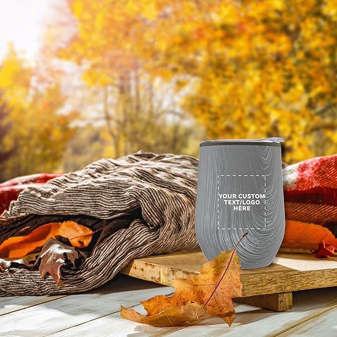 Custom Palmera Stemless Wine Tumblers with Lids 12 oz. Set of 12, Personalized Bulk Pack - Perfect for Wine, Cocktails, Other Hot & Cold Beverages - Rustic Grey
