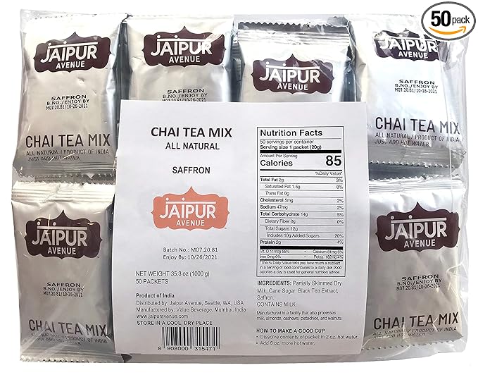 Jaipur Avenue Safron Chai Tea Mix Crafted with All-Natural Assam Black Tea, Safron, Cane Sugar, and Premium Dry Milk - Preservative-Free, Gluten-Free, Authentic Indian Chai Latte (50-Count Bag)