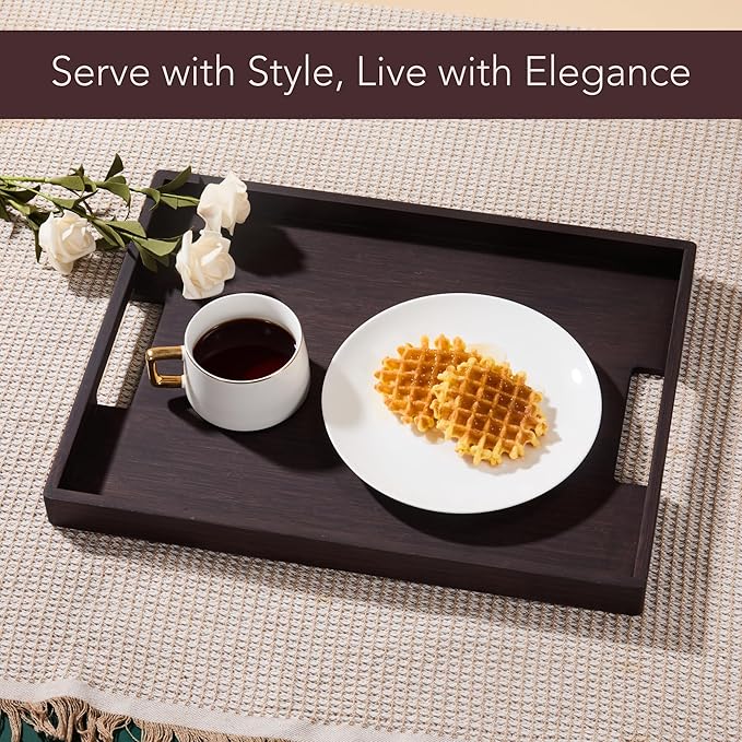 DETOR Serving Tray 17" x 13", Innovative Anti-Slip Coating, Mahogany Bamboo Finish, Solid Bamboo Board, Decorative & Ottoman Tray for Food, Drinks, and Home Décor