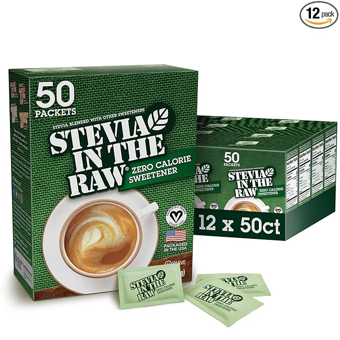 Stevia In The Raw, Plant Based Zero Calorie, Sugar Substitute, No Erythritol, Sugar-Free Sweetener for Coffee, Hot & Cold Drinks, Suitable For Diabetics, Vegan, Gluten-Free, 50 Count Packets (12 Pack)