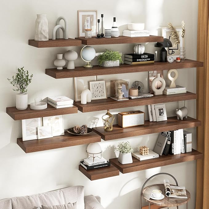 36 Inch Floating Shelves for Wall Set of 2, 12"D Wood Grain Bathroom Shelves with Invisible Brackets, Easy Install Engineered Wood Storage Shelves for Kitchen, Living Room, Bedroom, Walnut Finish