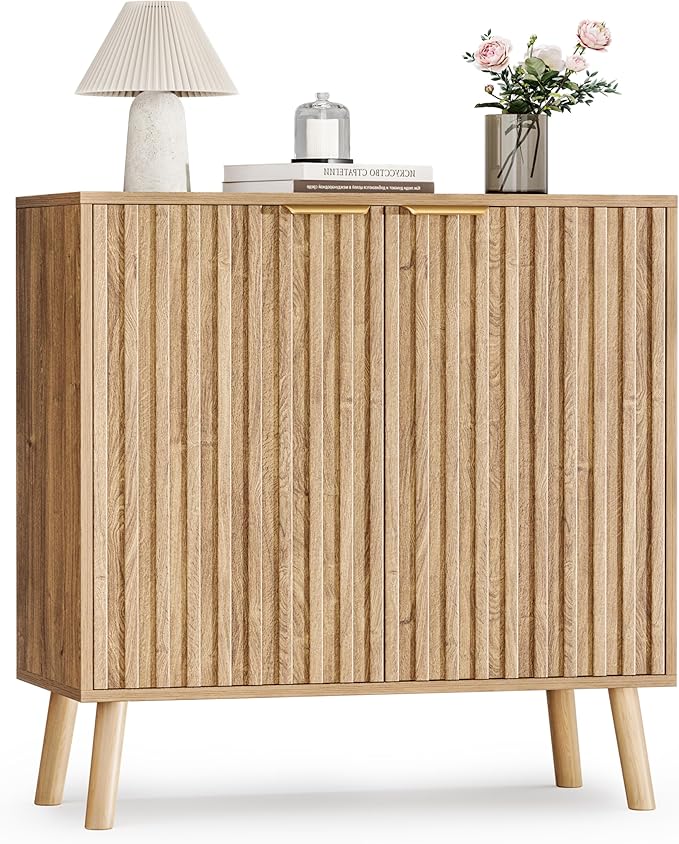 Pamapic Fluted Storage Cabinet, Sideboard Buffet with Doors and Shelf, Wooden Console Table & Credenza, Multifunctional Entryway Cabinet for Living Room, Dining Room (Natural)