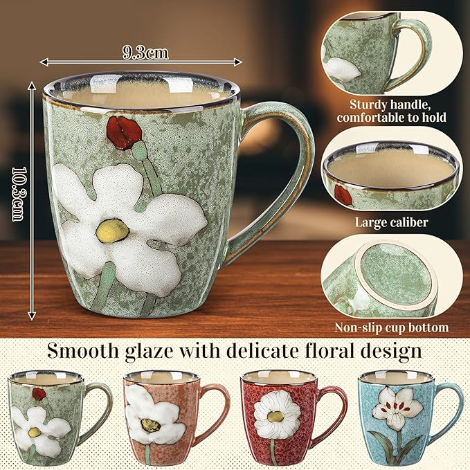 Maxdot 4 Pcs 12oz Ceramic Coffee Mugs Sets Glazing Process Cappuccino Mug Floral Ceramic Tea Cups Christmas Housewarming Idea Gift for Women Porcelain Cup for Coffee, Cocoa, Tea, Latte (Classic)