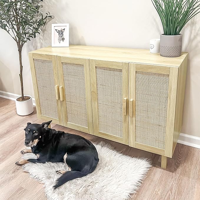 HOMCOM Boho Sideboard Buffet Cabinet, Coffee Bar Cabinet with 4 Rattan Doors and Adjustable Shelves for Kitchen, Living Room, Natural