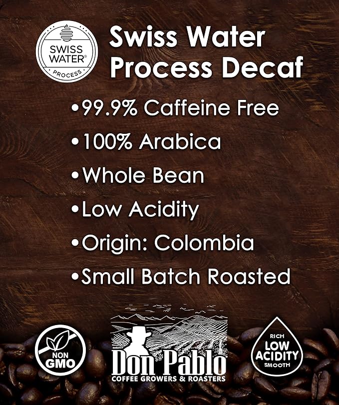 Don Pablo Colombian Decaf - Swiss Water Process Decaffeinated - Light Roast Gourmet Coffee - 100% Arabica Whole Bean, Non-GMO, Low Acidity, 907g (2LB) Bag