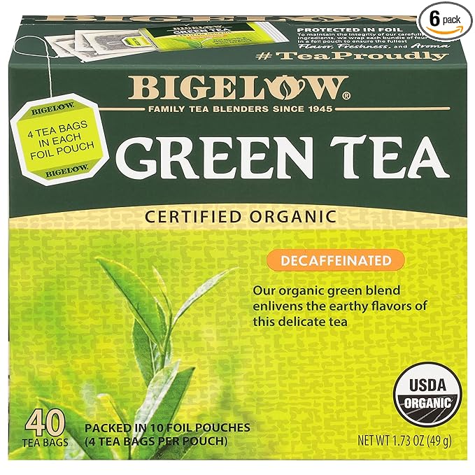 Bigelow Organic Decaffeinated Green Tea, 40 Count (Pack of 6), 240 Total Tea Bags