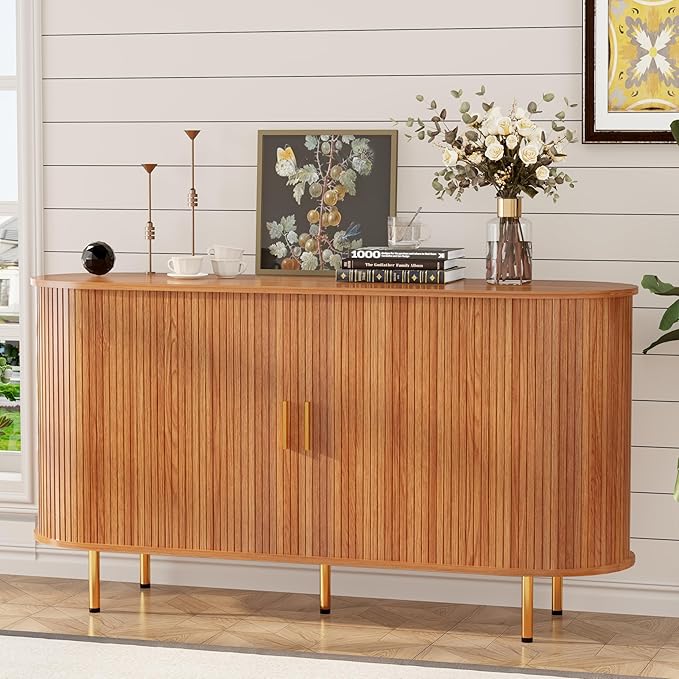 DHH Sideboard Buffet Cabinet with Storage,Mid Century Modern Fluted Accent Coffee Bar Console Table,Tambour Sliding Doors& Adjustable Shelf for Kitchen, Living Room, Entryway(Yellow Walnut 55 Inch)