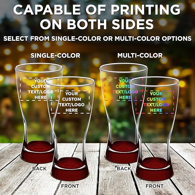 Custom Pilsner Glasses 13.25 oz. Set of 12, Personalized Bulk Pack - Made in the USA, Perfect for Hotels, Restaurants, Bars and Even Party Favors - Red