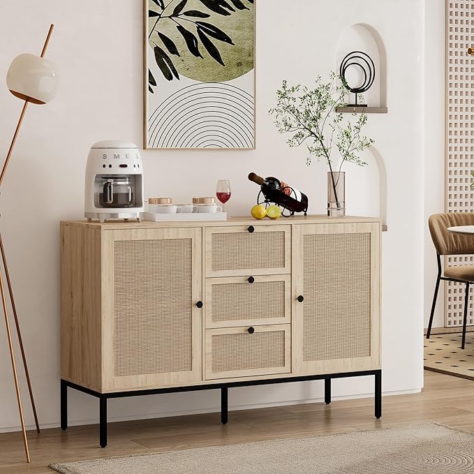 Rattan Sideboard Buffet Cabinet with 2 Doors & 3 Drawers, Mid Century Modern Credenza with Adjustable Shelves, Boho Storage Cabinet for Living Room, Hallway & Kitchen (Wood, 47 inch)