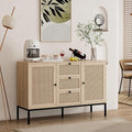 Rattan Sideboard Buffet Cabinet with 2 Doors & 3 Drawers, Mid Century Modern Credenza with Adjustable Shelves, Boho Storage Cabinet for Living Room, Hallway & Kitchen (Wood, 47 inch)