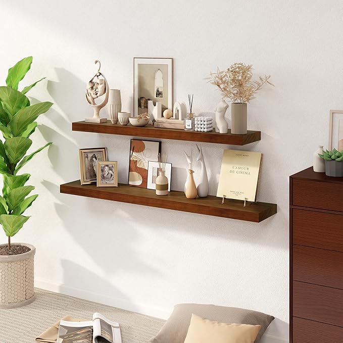 Fun Memories Floating Shelves, 9.3 Inch Deep Solid Pine Wood Wall Shelves for Storage, Rustic Wall Mounted Display Shelf with Invisible Heavy-Duty Metal Bracket, 48 Inch Width, Walnut