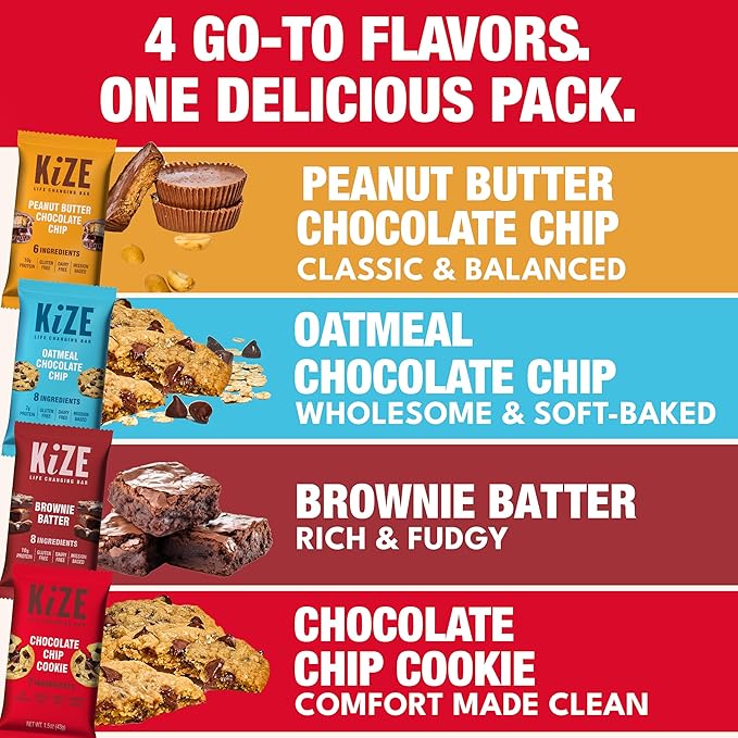 KiZE Energy Bars - Best Sellers Variety Pack - 30-Count -Gluten Free, Dairy Free Options, Non-GMO, and High Protein Meal Replacement Energy Bars, Clean and Simple Food Ingredients - 7-10g High Protein Snacks (30 Count)