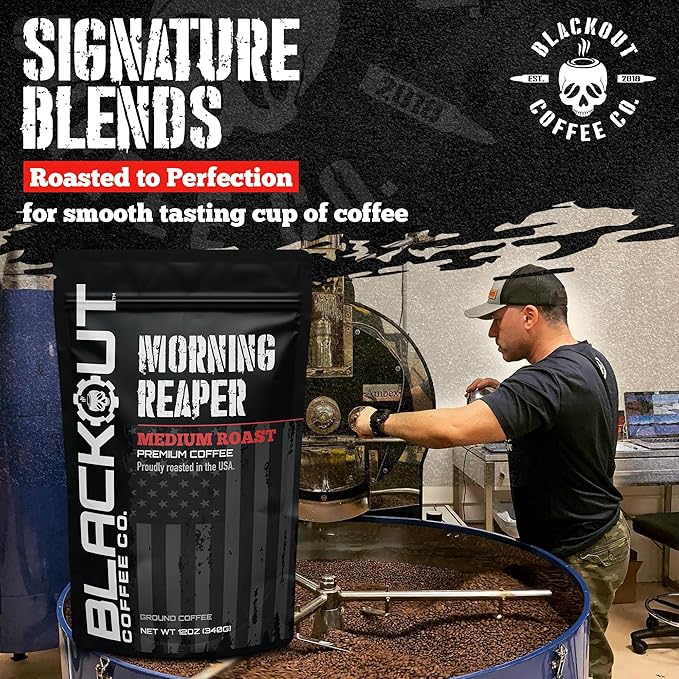 Blackout Coffee Morning Reaper Ground Coffee – Medium Roast, Bold & Strong Flavor – Freshly Roasted 12oz Bag.