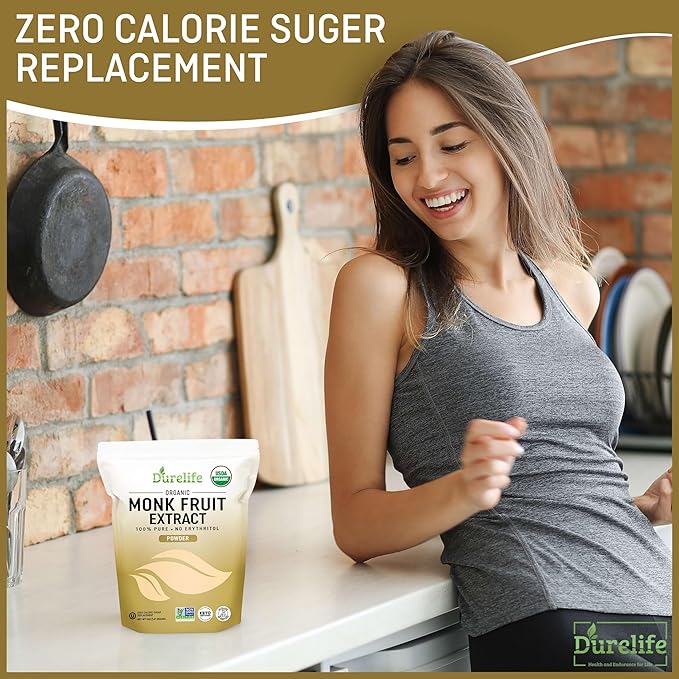 Durelife Organic 100% Pure Monk Fruit sweetener, No Erythritol, Monkfruit Extract Powder, USDA organic NON-GMO Project Verified, Keto Certified, OU kosher No Fillers Zero Calorie Sugar Substitute 5 OZ