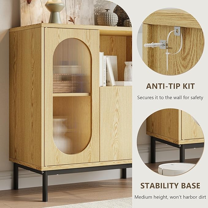 Sideboard Buffet Cabinet with Fluted Glass Doors and Adjustable Shelf, Wood Modern Accent Cabinet with Storage for Kitchen, Living Room, Entryway, Natural