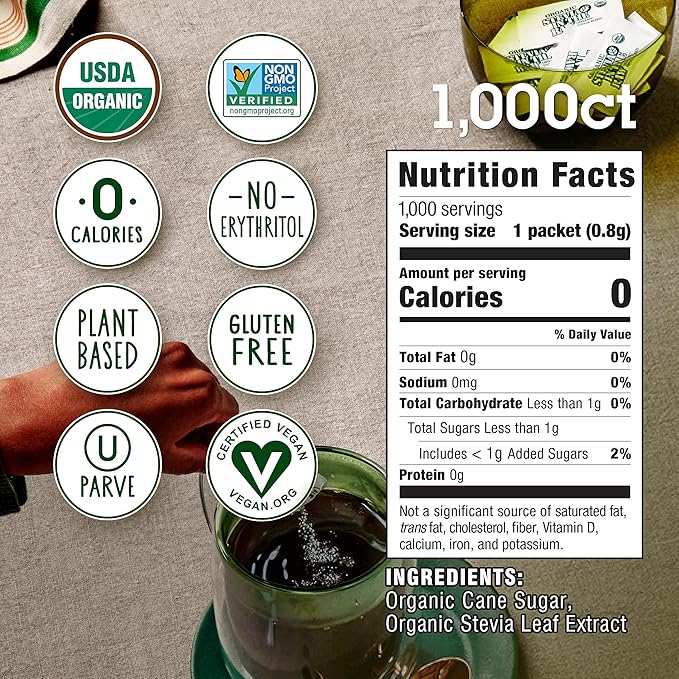 In The Raw Organic Stevia Sweetener Packets, 1,000 Ct, Zero Calorie Sugar Substitute Packets, No Erythritol or Artificial Flavors, USDA Organic, Non-GMO Project Verified, Vegan