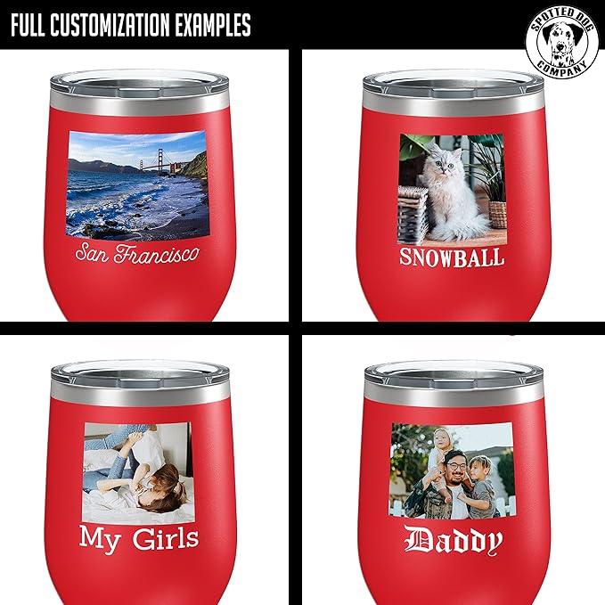 Personalized Mothers Day 12oz Photo Printed Insulated Stainless Steel Powder Coated Stemless Wine Tumbler with Lid, Customized Mum Gift Idea for Her, Custom Mom Coach Gifts Team (Red)