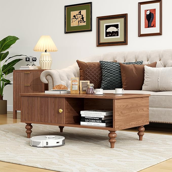 Mid-Century Modern Wooden Coffee Table with Storage, Slatted Door, Solid Wood Legs, Retro Coffee Table with Open Shelf for Home & Office & Lounge, Walnut