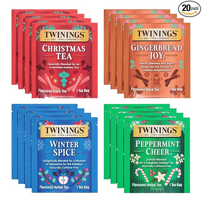 Twinings Christmas Holiday Variety Tea Bag Pack (20 Count), 4 Flavors Include Christmas Tea, Winter Spice, Gingerbread Joy, Peppermint Cheer, Seasonal Gift for Her, Him, Family, Friends