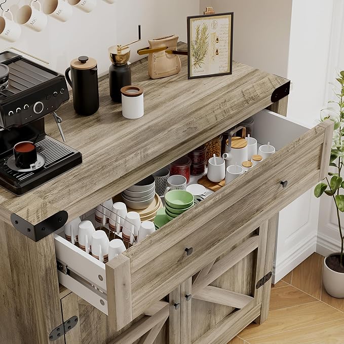 YESHOMY Coffee Bar and Accent Cabinet, Farmhouse Barn Door Buffet Sideboard with Drawer and Adjustable Shelf, Wide Desktop for Kitchen, Dining Room, Bathroom, Entryway, Oak