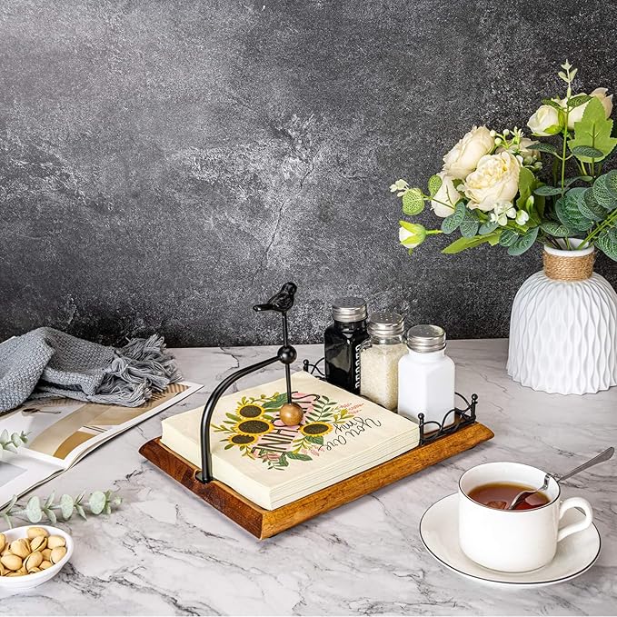 Elegant Flat Wooden Napkin Holder, Multifunctional Farmhouse Black Napkin Holder for Table, Kitchen, Outdoor Use, Includes Space for Salt and Pepper Shakers(Seasoning Jar Not Included)