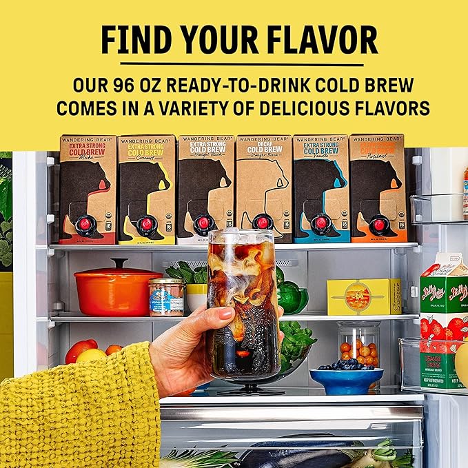 Wandering Bear Organic Caramel Cold Brew Coffee On Tap, Iced Coffee Drink - Extra Strong, Bold, Smooth, No Sugar Added, Shelf-Stable, Ready to Drink,Gluten Free & Vegan -16 Servings of 6fl.oz -96fl.oz