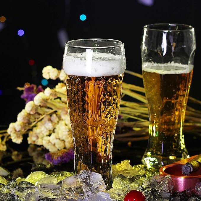 LUXU Beer Glasses, Hexagon Shape Pilsner Glasses set of 2,16oz Crystal Craft Wheat Beer Glasses,Lead-free Weizen vase for Drinking LAGER,Pint glasses for ALE,Premium IPA glasses,Great Gift Idea.