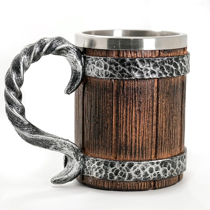 Norse Tradesman Stainless Steel Beer Tankard - 20 oz Tavern Style Mug for Hot or Cold Drinks - Imitation Wood & Iron