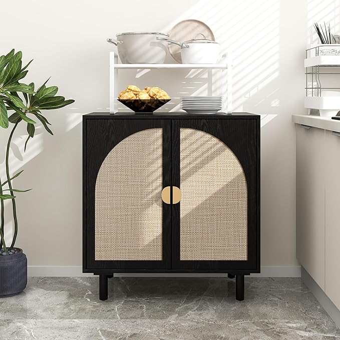Black Minimalist 2-Door Sideboard with Woven Textured Panels, Black Storage Cabinet with Adjustable Shelf, Modern Accent Furniture for Hallway & Entryway & Apartments