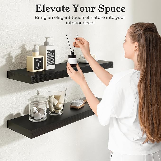 Floating Shelves for Wall, 9.3" Deep Wall Mounted Wood Shelves for Bathroom, Bedroom, Living Room, Kitchen, Hanging Shelf for Books/Storage/Room Decor (Black, 24")