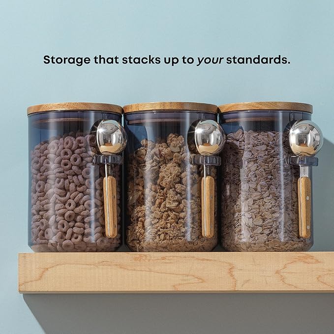 JoyJolt Holden 32oz Stackable Glass Storage Containers with Lids and Scoops, Airtight Food Canister Set of 3 w/Acacia Wood Lids, Round Stacking Pantry and Kitchen Containers w/Scoop | Smoke Blue