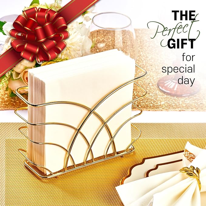 Napkin Holder for Table – Gold Iron Upright Napkin Dispenser for Paper Napkins, Napkin Dispenser for Kitchen Dining, Cocktail Picnic Bar Modern Kitchen and Dining Decor, Servilletero