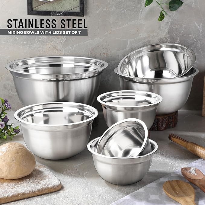 Avador Premium Stainless Steel Mixing Bowls, Set of 7 EXTRA Large Stainless Steel Mixing Bowl Set, Easy To Clean, Space Saving, Great for Cooking, Baking, Prepping (0.25, 1, 1.5, 3, 4, 5 and 8 Quart)