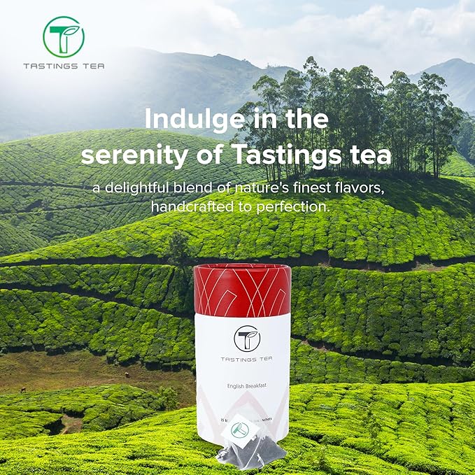 Tastings Tea English Breakfast Tea Bags - 15 Biodegradable Pyramid Sachets | Black Tea Blend with Assam & Nilgiri Flavor | Natural Caffeinated Tea