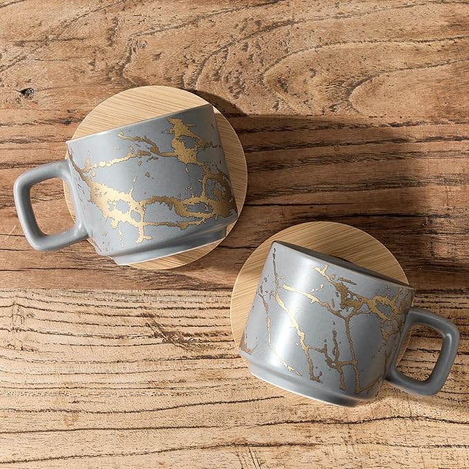 LUKA Porcelain Espresso Cup with Saucer and Metal Stand, 4 Ounce Stackable Ceramic Demitasse Espresso Mugs Cups Set for Latte, Specialty Coffee Drinks, Cafe Mocha,Tea - Set of 4, Gray