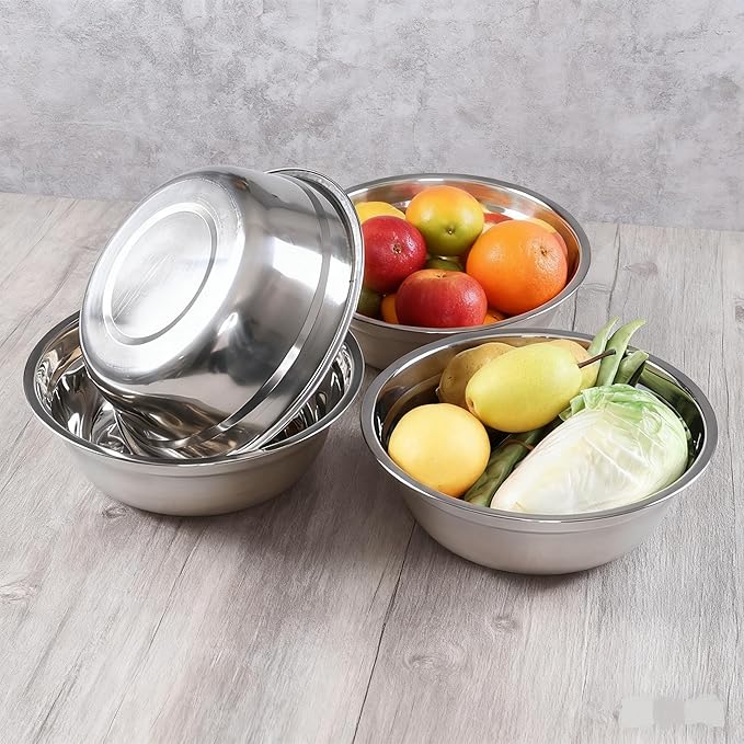 Set of 4 Stainless Steel Serving Bowls, Metal Prep Mixing Bowls for Kitchen
