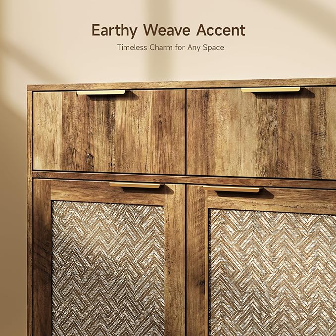 ONBRILL Sideboard Buffet Cabinet with 2 Drawers, Coffee Bar Cabinets with 2 Doors, Boho Farmhouse Accent Credenza Buffet Table Console Cabinet with Adjustable Shelves for Living Room, Entryway, Brown
