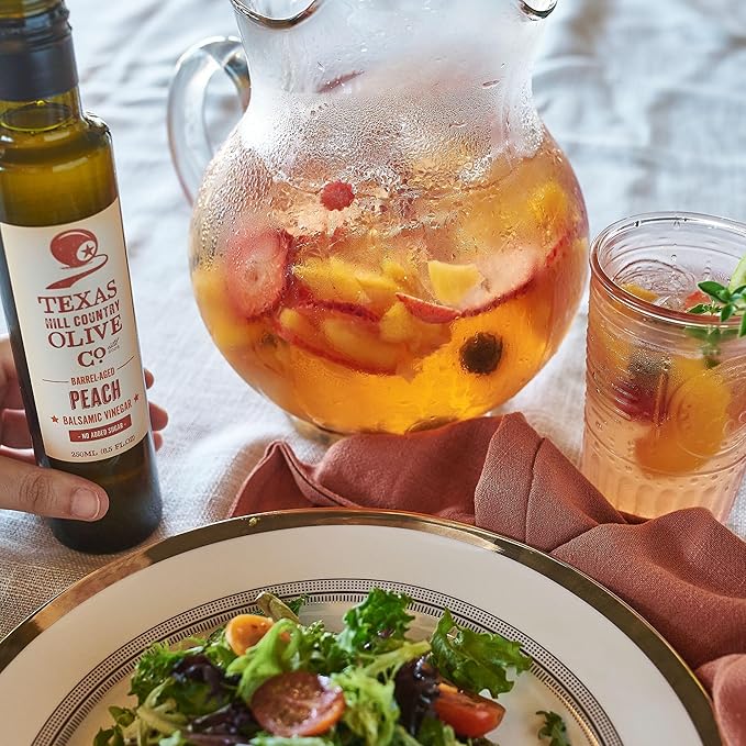 Peach Balsamic Vinegar - Gourmet Barrel Aged Infused Balsamic Vinegar - Great for Dressing Dipping Glazing - No Artificial Flavors or Added Sugar - Made in Texas (16.9 oz)