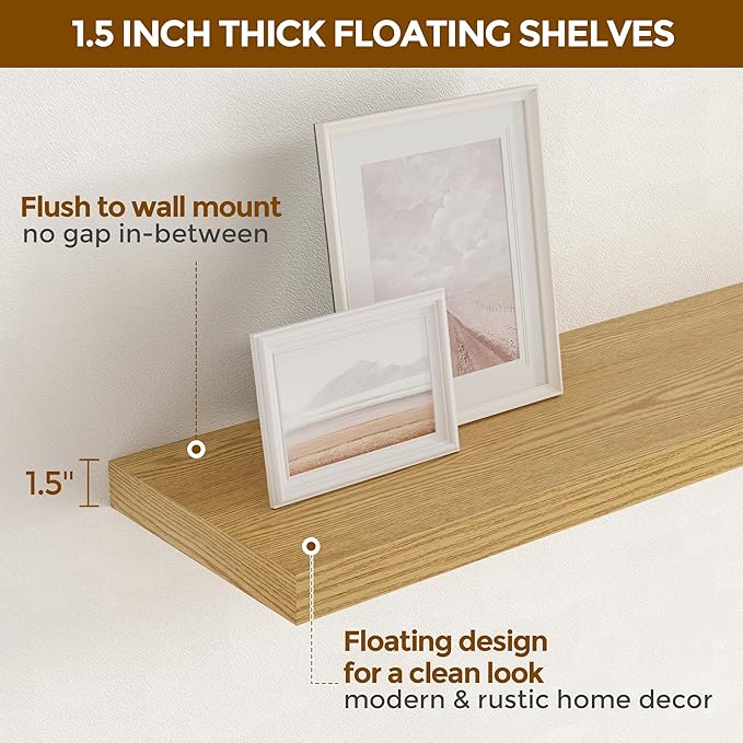 Floating Shelves 16 Inch Long, Wall-Mounted Bathroom Shelves Set of 2, 9.3 Inch Deep Shelf for Home Storage & Display, Wooden Deep Wall Shelves for Bedroom, Living Room, Kitchen, Oak Color