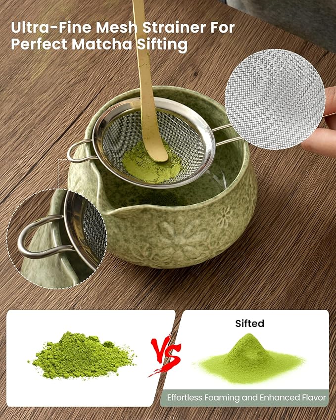 Matcha Whisk Set, Ceramic Matcha Kit Set Includes Matcha Bowl, Matcha Whisk and Holder, Bamboo Scoop, Scoop Rest, Sifter and Tea Towel - 7 Pcs Matcha Kit for Matcha Lovers(Green)