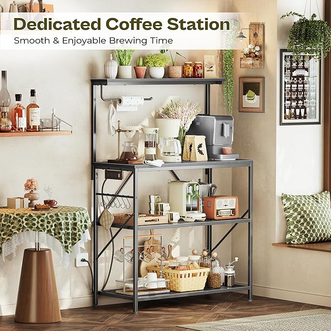 Huuger 4-Tier Bakers Rack with Reversible Power Outlet, 31.5 Inch Microwave Stand, Kitchen Bar, with Top Shelf, 6 S Hooks, Black