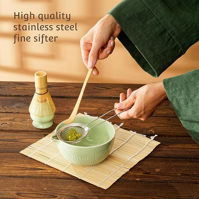 Matcha Whisk Set, Ceramic Bowl with Spout, Bamboo Whisk, Ceremonial Matcha Powder, Recipe Guide, Sifter, Holder, Scoop, Matcha Kit for Tea Lovers, Gift Box (Green)