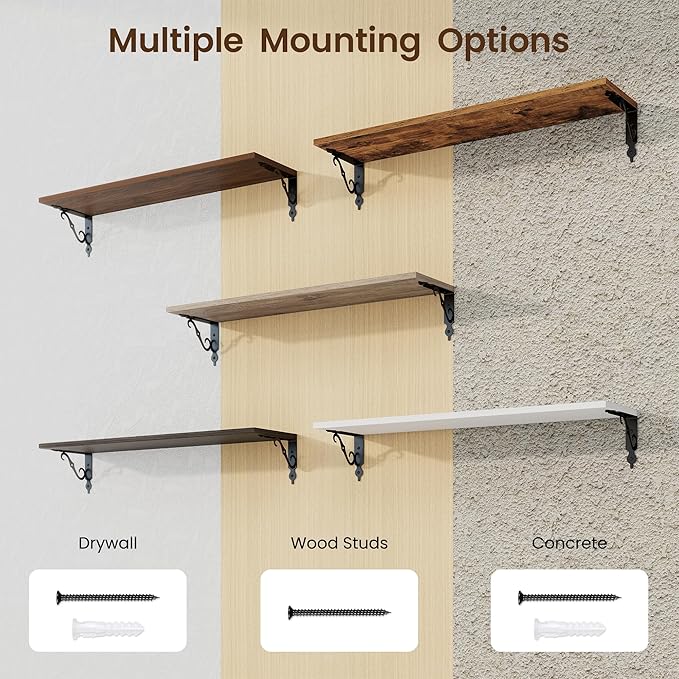 RICHFOCUS Floating Shelves for Wall Decor, 31.5W x 8D Shelves Set of 2, 8" Deep Rustic Wood Floating Shelves Wall Mounted with Metal Brackets, Shelves for Living Room Bedroom Kitchen, Walnut
