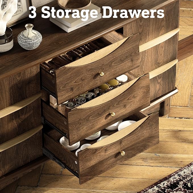 Buffet Cabinet, Large Sideboard Buffet Storage Cabinet with 3 Drawers, Coffee Bar Station with Solid Wood Handle and 2 Doors，Concealed Storage Shelves & Sliding Tray for Kitchen, Dining Room