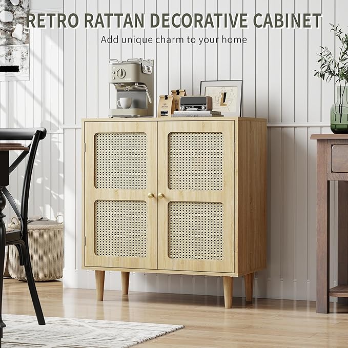 Rattan Sideboard Buffet Cabinet with Storage,Boho Credenza Accent Cabinet with 2 Magnetic Doors and Adjustable Shelves and Solid Wood Legs for Dining Room, Entryway, 31.5" x 15.8" x 34.6"