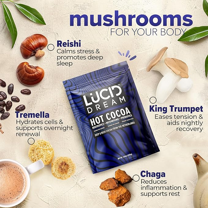 Lucid Dream Mushroom Hot Cocoa for Sleep -Dreamy Nighttime Blend with Adaptogens for Relaxation-Boosts Melatonin for Better Rest (7.94 Ounces, Chocolate)