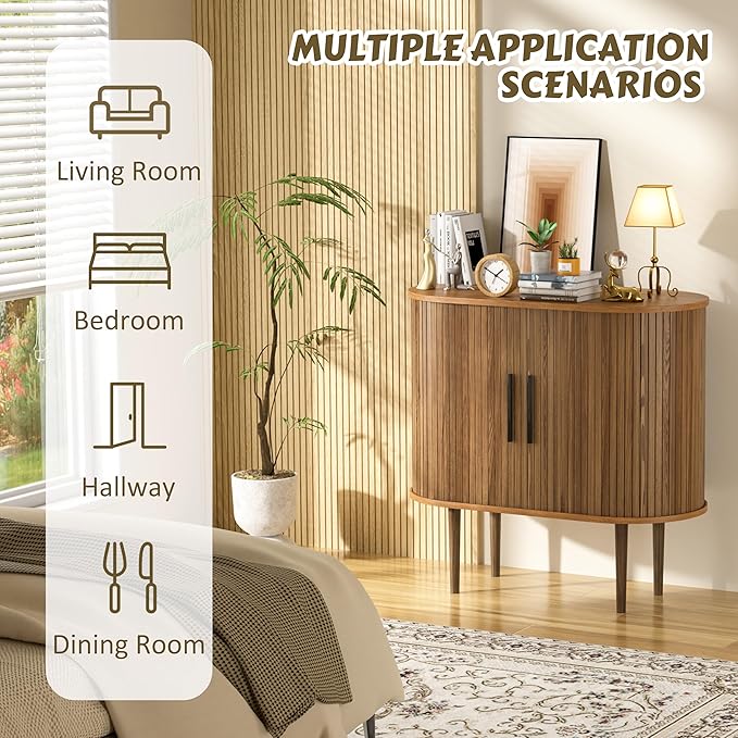 BlueWish 32" Fluted Storage Cabinet with Sliding Tambour Door, Sideboard Buffet Cabinet with Curved Profile Design, Modern Accent Coffee Bar Kitchen Cabinets Console Table for Living Room, Kitchen