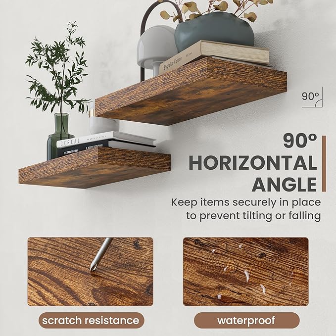 72 Inch Floating Shelves, 8 Inch Deep Floating Shelves for Wall, Hanging Shelf with Invisible Brackets, Deep Shelves for Bathroom, Bedroom, Living Room, Brown, Set of 1