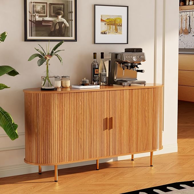 DHH Sideboard Buffet Cabinet with Storage,Mid Century Modern Fluted Accent Coffee Bar Console Table,Tambour Sliding Doors& Adjustable Shelf for Kitchen, Living Room, Entryway(Yellow Walnut 55 Inch)
