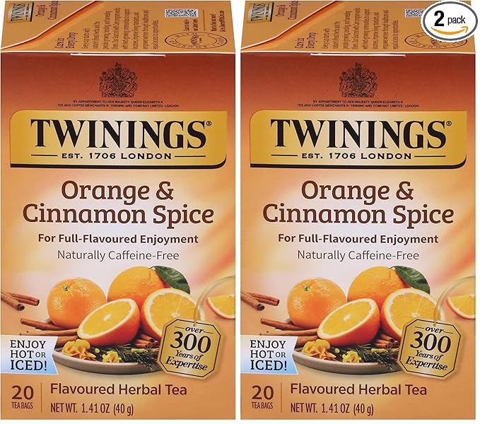 Twinings Orange & Cinnamon Spice Herbal Tea Individually Wrapped Bags, 20 Count (Pack of 2), Naturally Caffeine-Free, Enjoy Hot or Iced, 20 Teabags